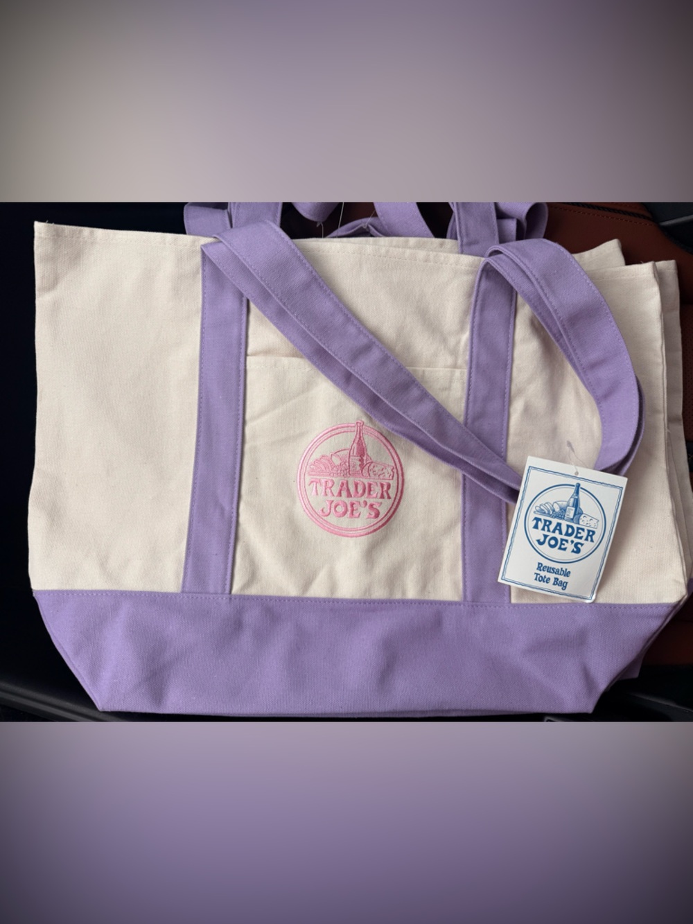 Trader Joe’s 2026 Lavender and Cream Canvas Tote Bag (Large)